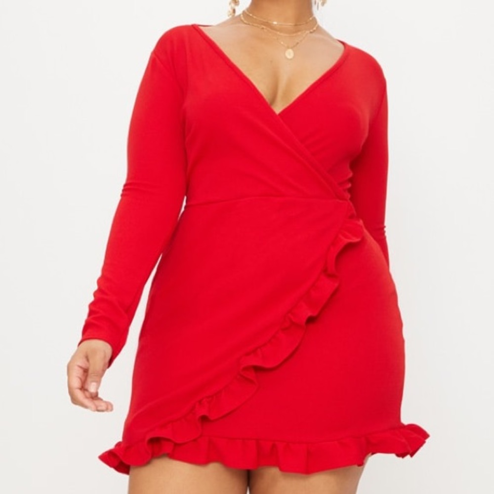 Plus Red Ruffle Detail Wrap Dress